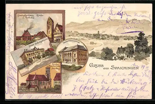 Lithographie Spaichingen, Gewerbemuseum, Städtisches Schulgebäude, Stadtpfarrhaus mit Kirche und Rathaus