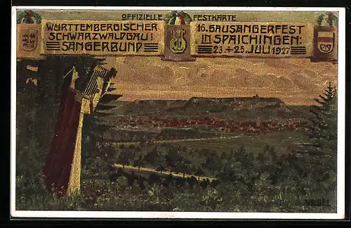 Künstler-AK Spaichingen, Württembergischer Schwarzwaldgau, 16. Gausängerfest 1927, Teilansicht und Frau mit Harfe