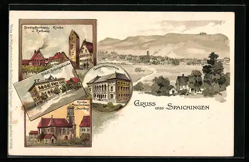 Lithographie Spaichingen, Gewerbemuseum, Städtisches Schulgebäude, Stadtpfarrhaus mit Kirche und Rathaus