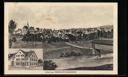 Künstler-AK sign. Hans Pernat: Gross-Ingersheim, Panorama und Haus Friedrich Heeb