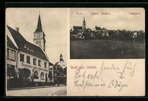 AK Ilsfeld, Totalansicht, Kirche, Rathaus, Schulhaus, Restauration Sonne