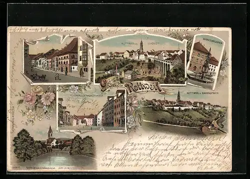Lithographie Rottweil, Marktbrunnen, Hochbrückthorstrasse, Bahnhofweg