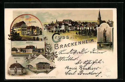 Lithographie Brackenheim, Schloss, Bahnhof und Schulhaus