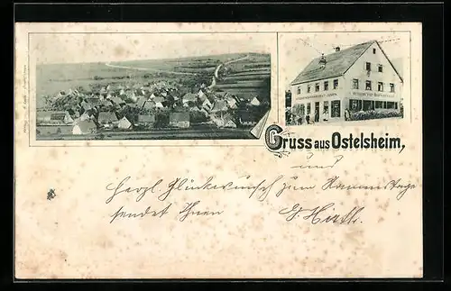 AK Ostelsheim, Totalansicht, Metzgerei Wein Bier Wirtschaft