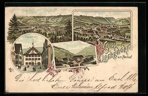 Vorläufer-Lithographie Oberndorf a. Neckar, 1894, Marktplatz und Gesamtansicht