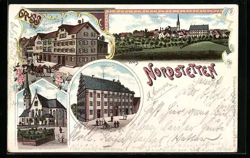 Lithographie Nordstetten, Bierbrauerei von L. Maier, Rathaus und Kirche