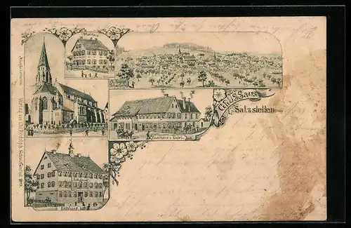 Lithographie Salzstetten, Gasthaus z. Engel, Pfarrhaus und Rathaus