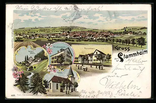 Lithographie Stammheim, Waisenhaus, Friedensheim und Untere Mühle
