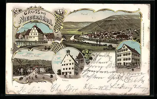 Lithographie Niedernhall, Götzenhaus, Fabrik v. Schaufler u. Wundt, Post