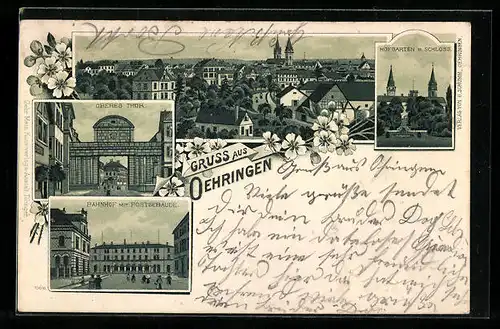 Lithographie Oehringen, Hofgarten mit Schloss, Oberes Thor