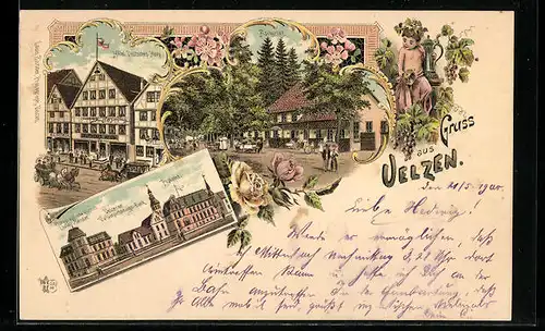 Lithographie Uelzen, Hotel Deutsches Haus, Fischerhof und Postamt