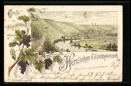 Lithographie Mundelsheim a. Neckar, Panorama mit Ort und Weinbergen