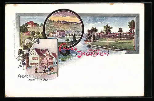 Künstler-AK Ingersheim, Gasthaus zum Hirsch, Ortsansicht
