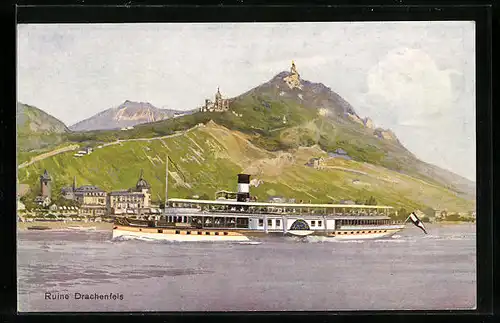 Künstler-AK Ruine Drachenfels, Rheindampfer