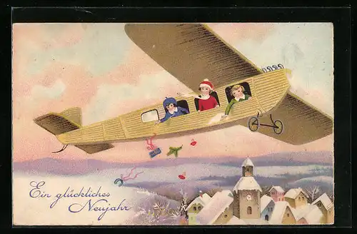 Künstler-AK Neujahrsgruss, Kinder werfen Geschenke aus einem Flugzeug
