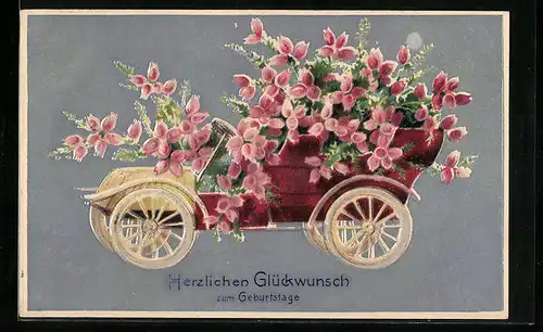 Präge-AK Geburtstagsgruss, Auto mit Blumenschmuck