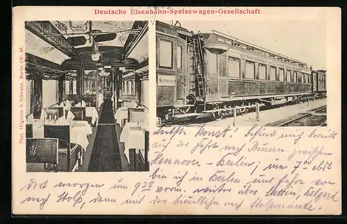 AK Deutsche Eisenbahn-Speisewagen-Gesellschaft, Innenansicht eines Speisewagens