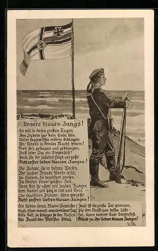 Künstler-AK Unsere blauen Jungs!, Marineinfanterist am Strand, Reichskriegsflagge, Gedicht