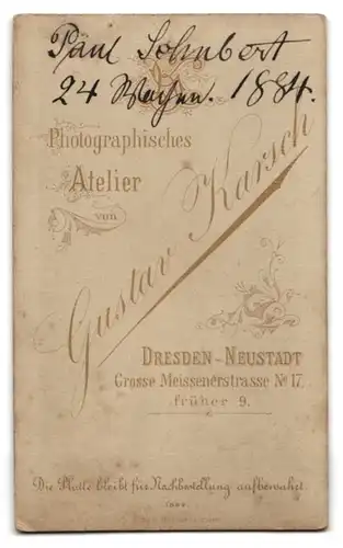 Fotografie Gustav Karsch, Dresden, Portrait Kleinkind Paul Schubert, 1884