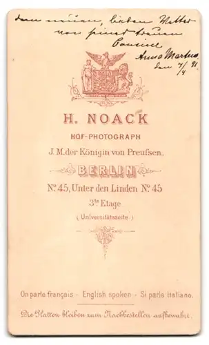 Fotografie H. Noack, Berlin, Unter den Linden 45, junge Frau Anna Martens, 1891