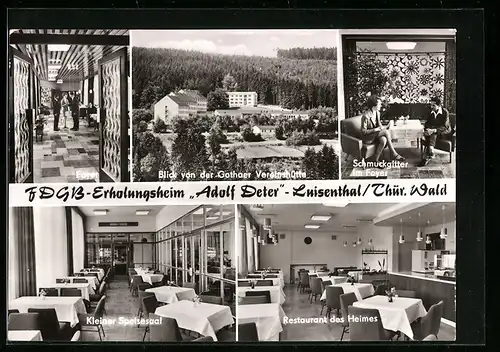 AK Luisenthal /Thür. Wald, Blick von der Gothaer Vereinshütte, Innenansichten Restaurant des Heimes & kleiner Spiesesaal