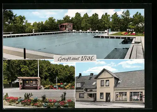 AK Viöl bei Husum, Geschäft, Schwimmbad, Strassenpartie