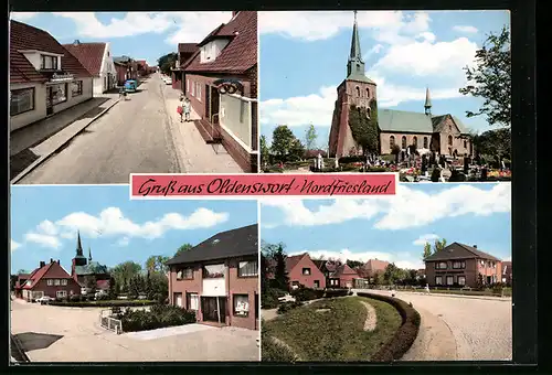 AK Oldenswort /Nordfriesland, Strassenpartie mit Geschäften, Kirche mit Friedhof, Strassenpartie