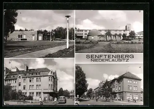 AK Senftenberg /Niederlausitz, HO-Kaufhaus Magnet, Bahnhofstrasse und HO-Gaststätte Stadtcafe, Volksschwimmbad