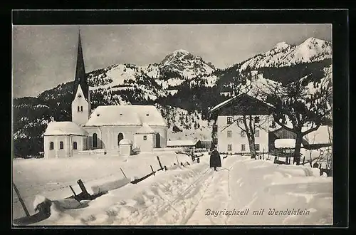 AK Bayrischzell, Ortsansicht im Schnee mit Wendelstein