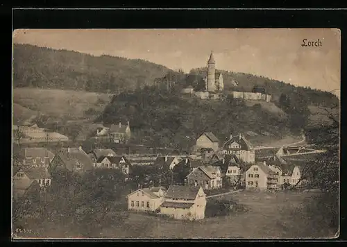 AK Lorch, Dorf mit Turm aus der Vogelschau