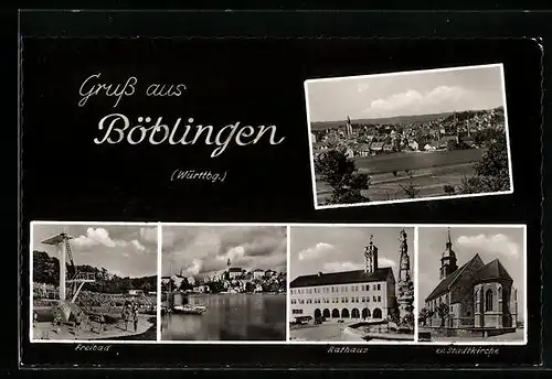 AK Böblingen /Württbg., Ortsansicht, Freibad, Rathaus, Ev. Stadtkirche