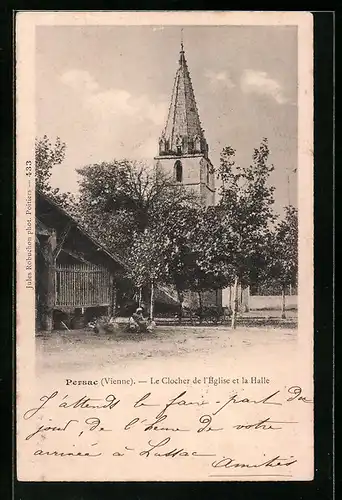 AK Persac, Le Clocher de l`Eglise et la Halle
