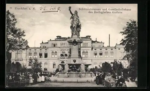 AK Frankfurt a. M., Zoologischer Garten, Schützenbrunnen und Gesellschaftshaus