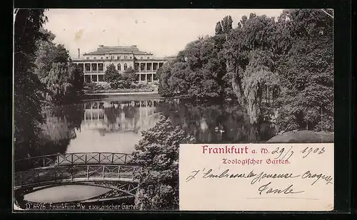 AK Frankfurt a. M., Zoologischer Garten, Blick über den Weiher zum Restaurant