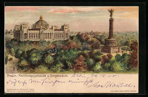 Lithographie Berlin-Tiergarten, Reichstagsgebäude und Siegessäule