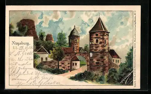 Lithographie Kropsburg, Ansicht mit Tor und Turm