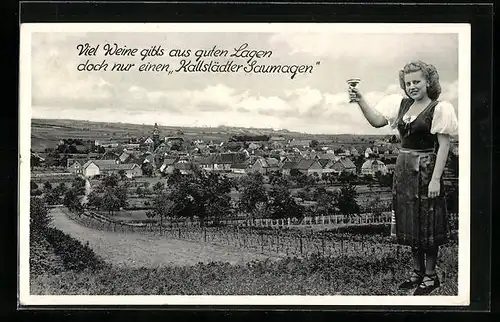 AK Kallstadt a.d.W., Gesamtansicht, Frau mit Weinglas, Kallstädter-Saumagen