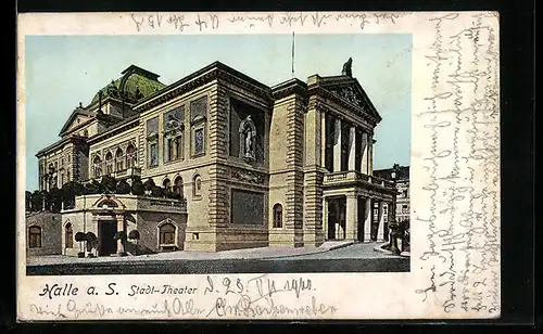 Goldfenster-AK Halle a. S., Stadt-Theater, mit leuchtenden Fenstern