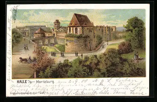 Künstler-AK Halle a. S., Moritzburg mit Pferdewagen