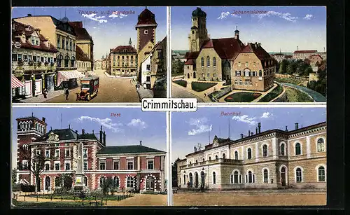 AK Crimmitschau, Thieme- und Silberstrasse, Johanniskirche, Post, Bahnhof