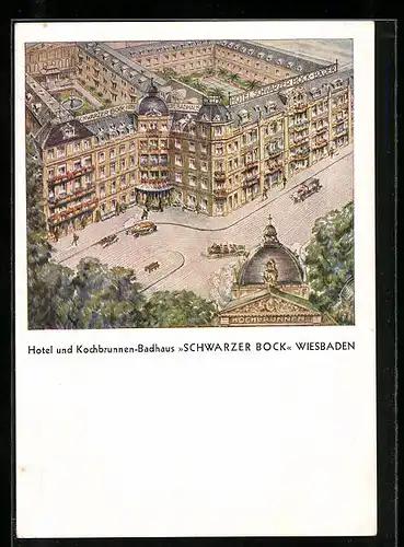 Künstler-AK Wiesbaden, Hotel und Kochbrunnen-Badhaus