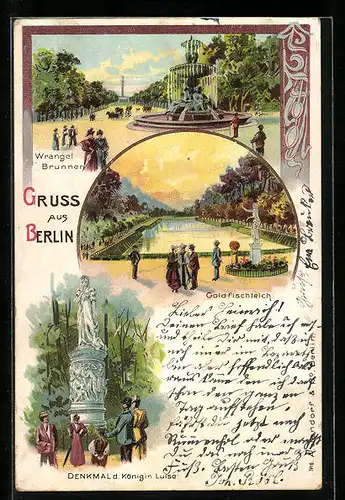 Lithographie Berlin-Tiergarten, Goldfischteich, Wrangel-Brunnen, Denkmal Königin Luise