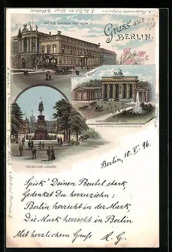 Lithographie Berlin, Unter den Linden, Brandenburger Thor, Palais Kaiser Wilhelm I.