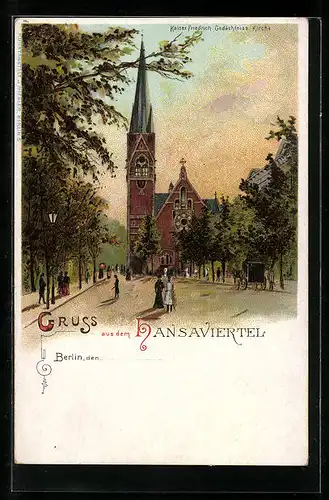 Lithographie Berlin, Strassenpartie im Hansaviertel mit Kaiser Friedrich-Gedächtniss-Kirche, Neujahrsgruss