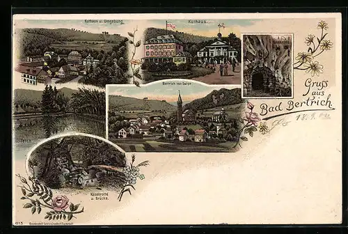 Lithographie Bad Bertrich, Kurhaus, Ortsansicht, Käsekrotte u. Brücke