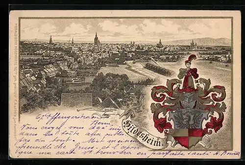 Lithographie Hildesheim, Ortsansicht aus der Vogelschau, Wappen