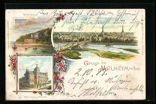 Lithographie Mülheim a. d. Ruhr, Panorama, Kahlenberg, Kreistagsgebäude