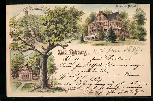 Lithographie Bad Rehburg, Wilhelmsturm, Pavillon, Sanatorium Michaelis