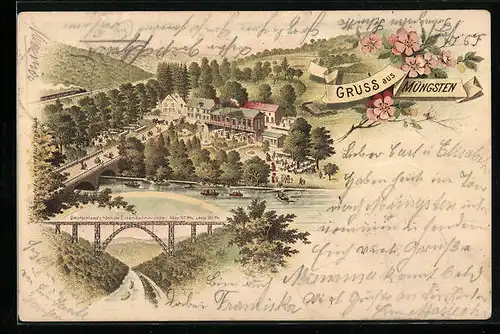 Lithographie Müngsten, Ortspartie aus der Vogelschau, Eisenbahnbrücke
