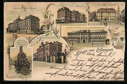 Lithographie Erlangen, Augenklinik, Schloss u. Markgrafendenkmal, Physikalisches Institut